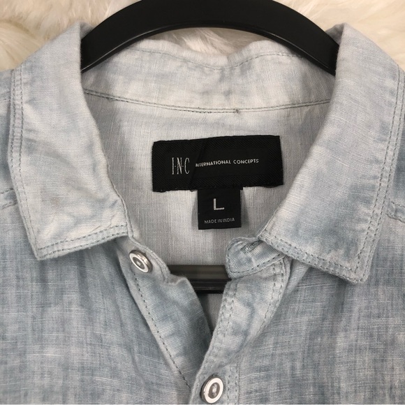 I-N-C Men’s Light Wash Blue Linen Blend Button Up Shirt, Pockets, Xtra Button L - Picture 6 of 7